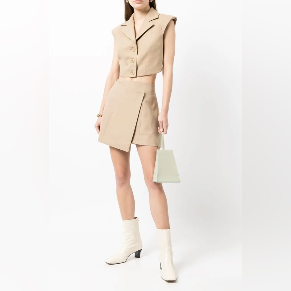 ANNA QUAN Delilah Asymmetric Tan Mini Skirt Wool Blend Minimalist School Girl